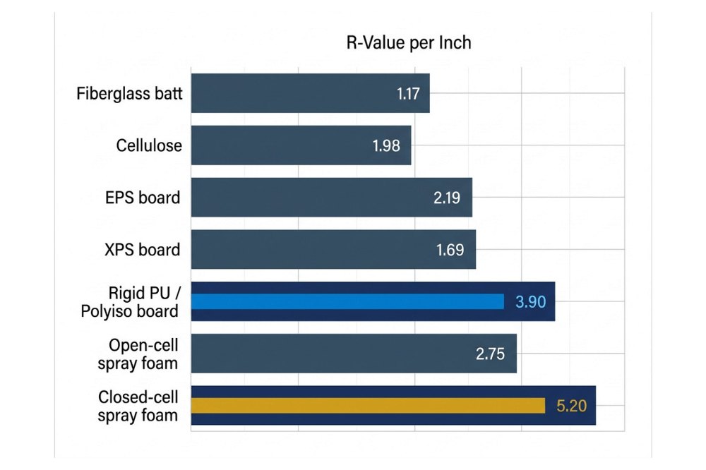 Bar chart comparing R value per inch of rigid polyurethane foam against fiberglass, cellulose, EPS, and XPS Bar chart comparing R value per inch of rigid polyurethane foam against fiberglass, cellulose, EPS, and XPS