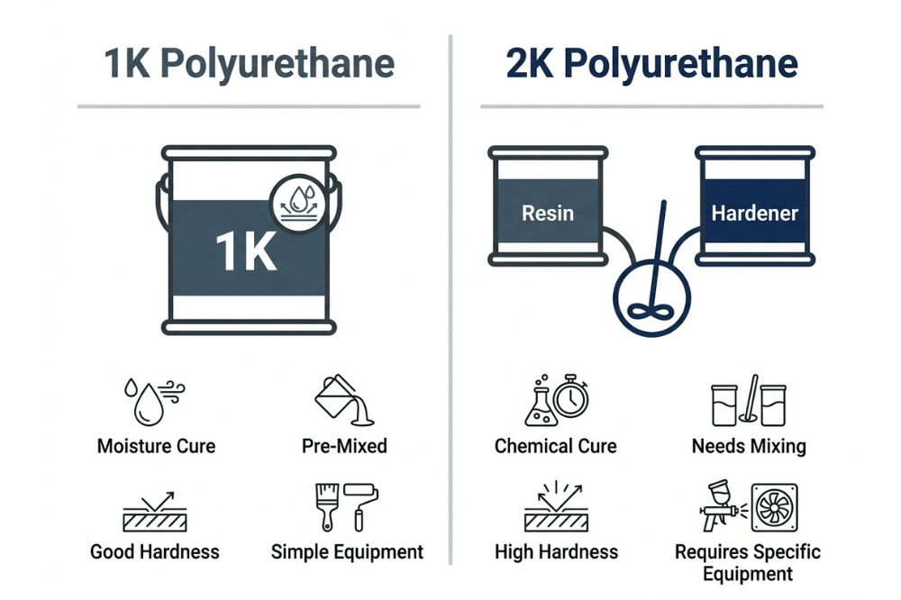 Comparison of 1K and 2K polyurethane coatings by cure method, mixing, hardness, and equipment Comparison of 1K and 2K polyurethane coatings by cure method, mixing, hardness, and equipment