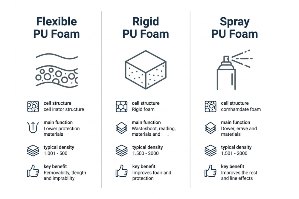 Comparison of flexible, rigid, and spray polyurethane foam by cell structure, function, density, and benefits Comparison of flexible, rigid, and spray polyurethane foam by cell structure, function, density, and benefits