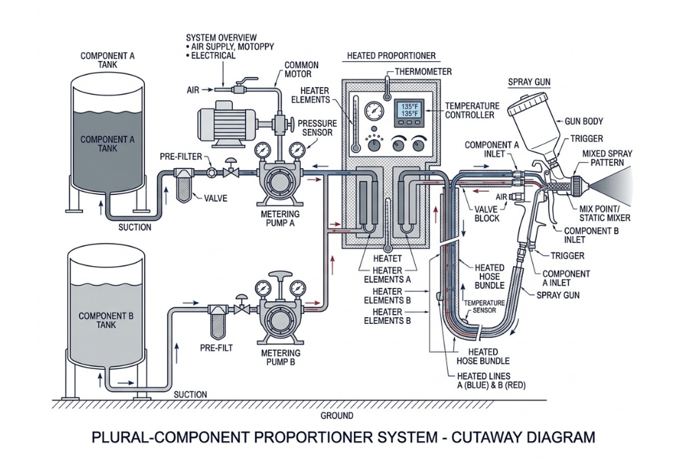 Diagram of a plural component proportioner system with metering pumps, heated hose, and spray gun Diagram of a plural component proportioner system with metering pumps, heated hose, and spray gun