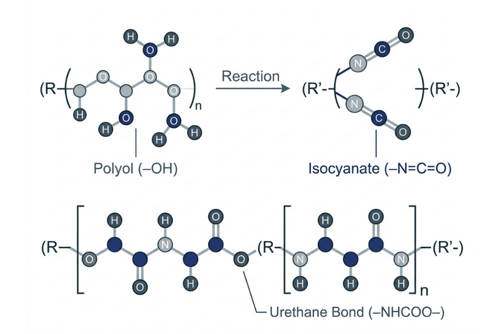 Diagram of the polyurethane reaction showing polyol and isocyanate forming the urethane bond Diagram of the polyurethane reaction showing polyol and isocyanate forming the urethane bond
