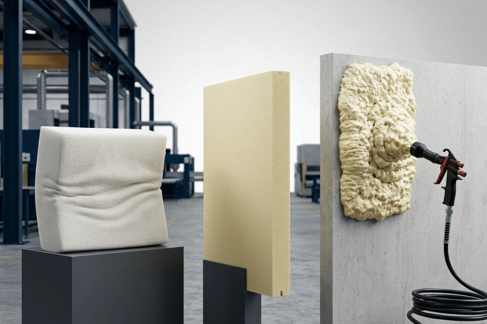 Flexible, rigid, and spray polyurethane foam types shown together in an industrial production setting