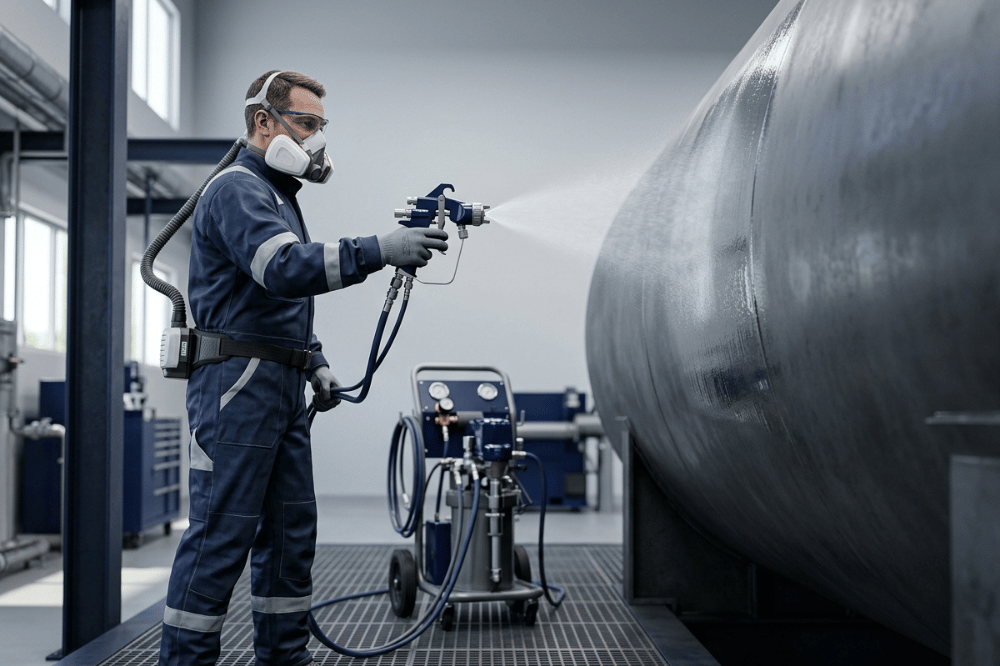Industrial operator spraying polyurethane coating onto steel with plural component equipment