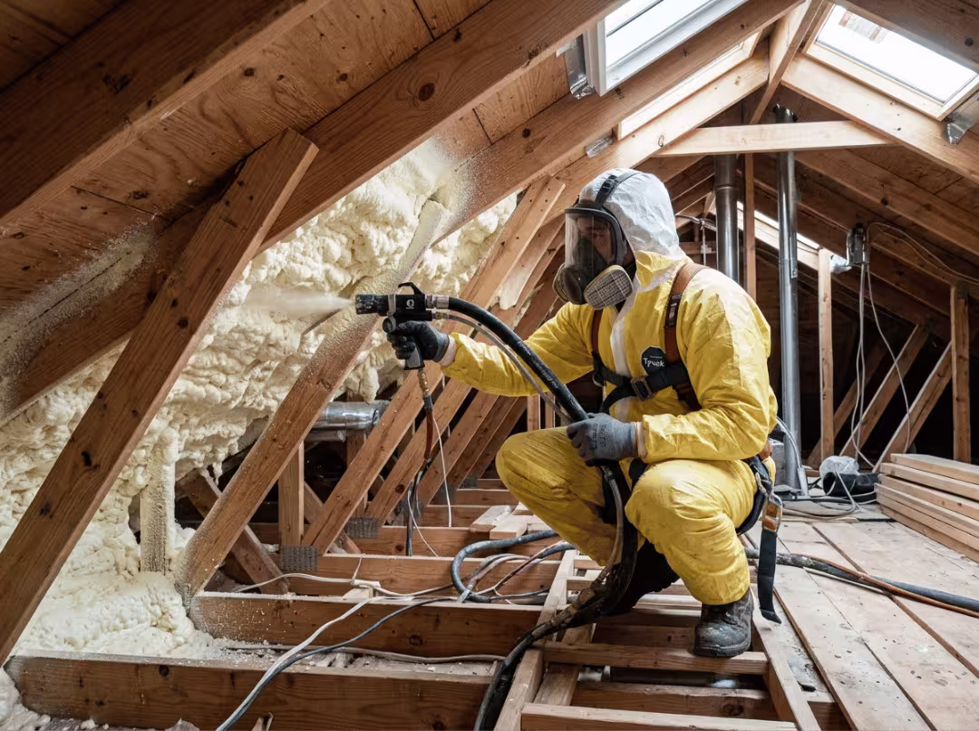 Closed cell spray foam insulation being applied